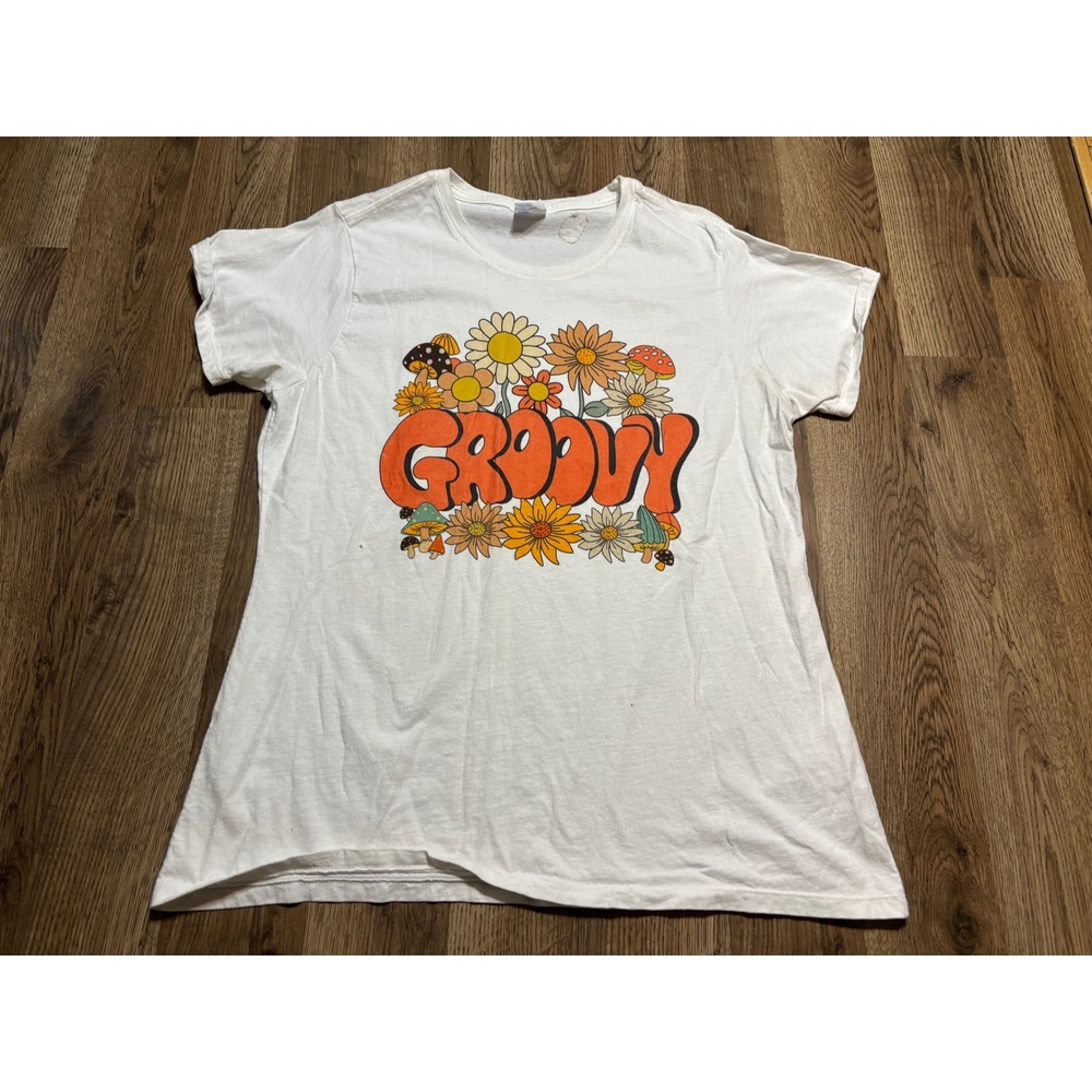 Port & Company Shirt Women Size XL White Groovy Flower Mushroom Graphic